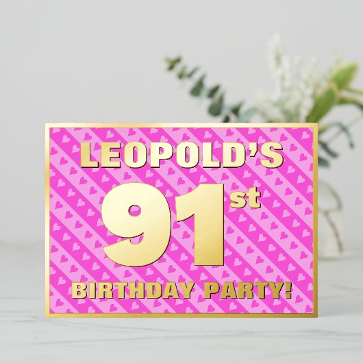 91e verjaardag van de vuurroze harten en strips folie uitnodiging (Staand Voorkant)