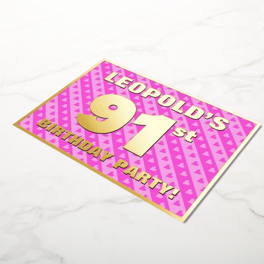 91e verjaardag van de vuurroze harten en strips folie uitnodiging (Gedraaid)