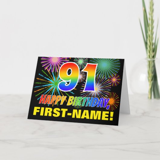 91e verjaardag: Vet, Plezier, Vuurwerk, Regenboog  Kaart (Voorkant)