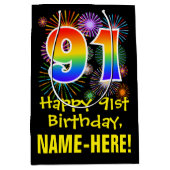 91e verjaardag: Vuurwerk Fun Pattern + Regenboog 9 Medium Cadeauzakje (Voorkant)