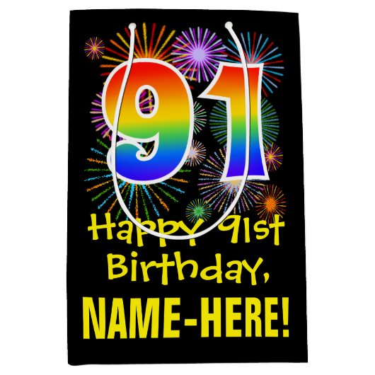 91e verjaardag: Vuurwerk Fun Pattern + Regenboog 9 Medium Cadeauzakje (Voorkant)