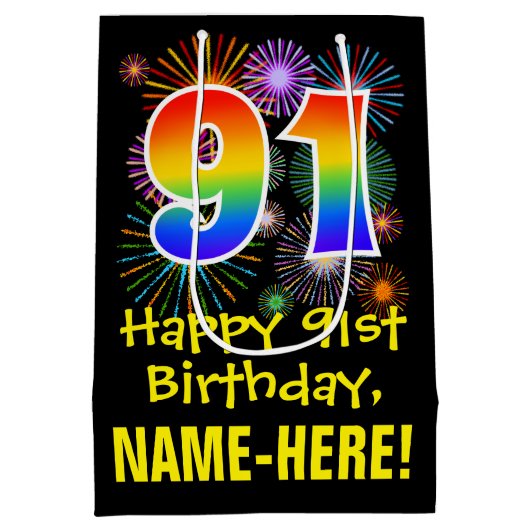 91e verjaardag: Vuurwerk Fun Pattern + Regenboog 9 Medium Cadeauzakje (Achterkant)