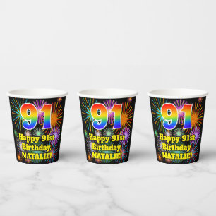 91e verjaardag: Vuurwerk Fun Pattern + Regenboog 9 Papieren Bekers