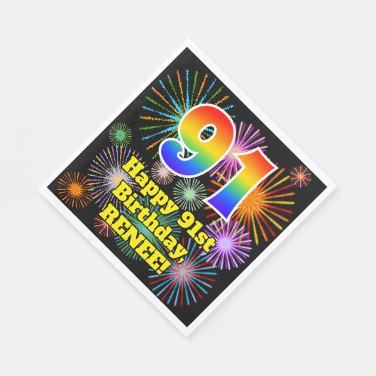 91e verjaardag: Vuurwerk Fun Pattern + Regenboog 9 Servet (Hoek)