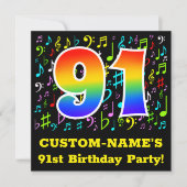 91e verjaardagsfeest: leuke muzieksymbolen, regenb kaart (Voorkant)