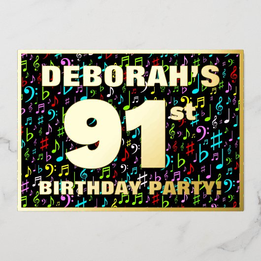 91e verpartij — Leuke, kleurrijke muzieksymbolen Folie Uitnodiging (Voorkant)