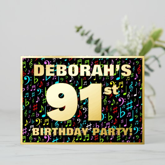 91e verpartij — Leuke, kleurrijke muzieksymbolen Folie Uitnodiging (Staand Voorkant)