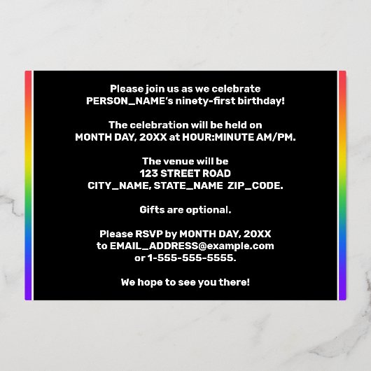 91e verpartij — Leuke, kleurrijke muzieksymbolen Folie Uitnodiging (Achterkant)