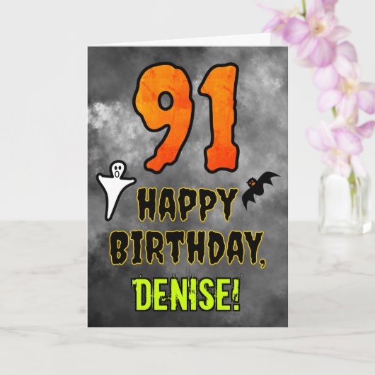 91st Birthday: Eerie Halloween Theme + Custom Name Kaart (Orchidee)