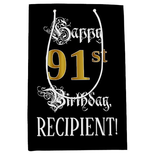91st Birthday ~ Fancy script; Faux Gold Kijk; naam Medium Cadeauzakje (Voorkant)