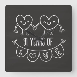 91ste Jubileum Gift Chalk Hearts Vierkante Klok