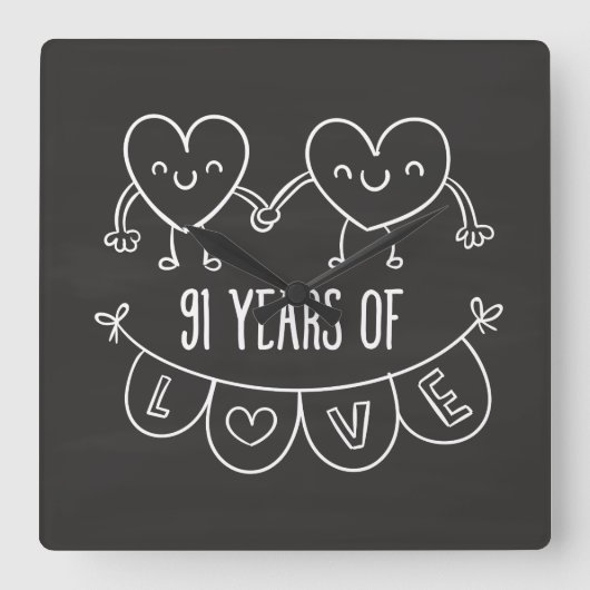 91ste Jubileum Gift Chalk Hearts Vierkante Klok (Voorkant)