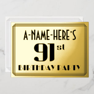 91ste verjaardag: Art Deco Kijk "91" en naam Folie Uitnodiging