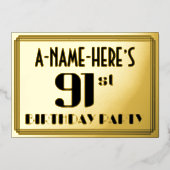 91ste verjaardag: Art Deco Kijk "91" en naam Folie Uitnodiging (Voorkant)