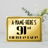 91ste verjaardag: Art Deco Kijk "91" en naam Folie Uitnodiging (Staand Voorkant)