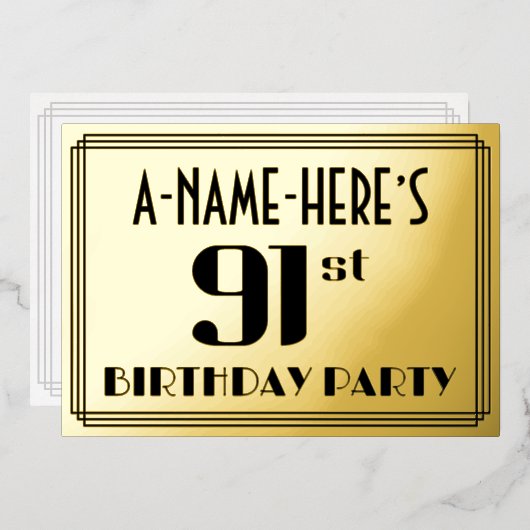 91ste verjaardag: Art Deco Kijk "91" en naam Folie Uitnodiging (Voorkant / Achterkant)