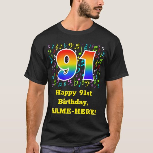 91ste verjaardag: Colorful Music Symbols, Rainbow T-shirt (Voorkant)