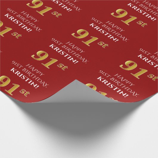 91ste verjaardag: Elegant, rood, Faux Gold look Cadeaupapier (Hoek)