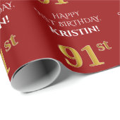 91ste verjaardag: Elegant, rood, Faux Gold look Cadeaupapier (Rol Hoek)