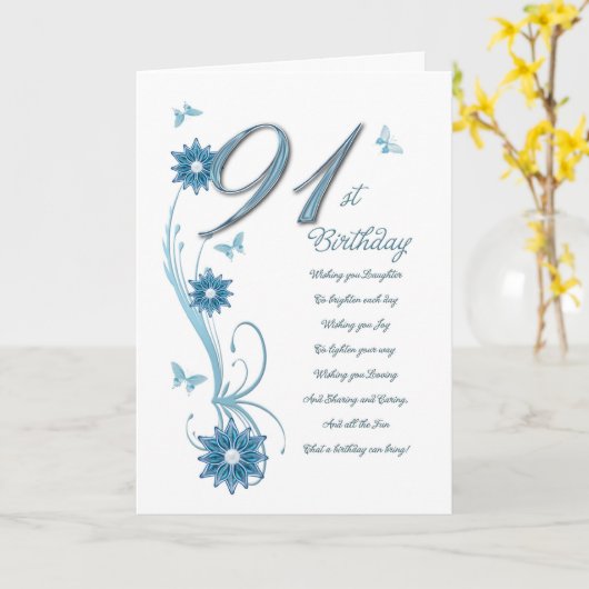 91ste verjaardag in wintertaling met bloemen en kaart (Gele Bloem)