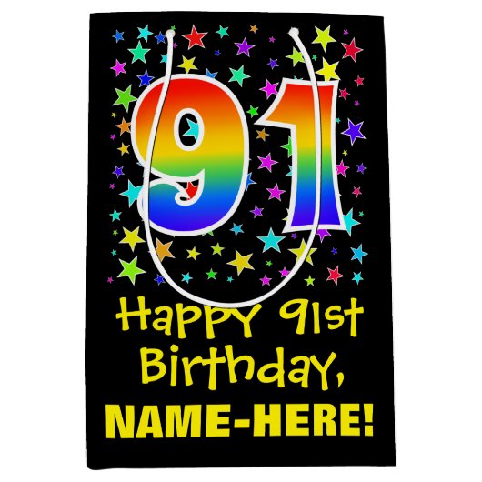 91ste verjaardag: kleurrijk sterrenpatroon & regen medium cadeauzakje (Voorkant)