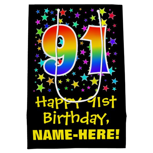 91ste verjaardag: kleurrijk sterrenpatroon & regen medium cadeauzakje (Achterkant)