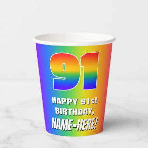 91ste verjaardag: kleurrijk, vun regenboogpatroon  papieren bekers