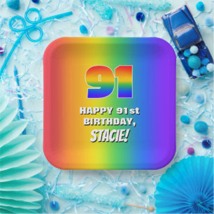 91ste verjaardag: kleurrijk, vun regenboogpatroon  papieren bordje