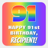 91ste verjaardag: kleurrijk, vun regenboogpatroon vierkante sticker (Voorkant)