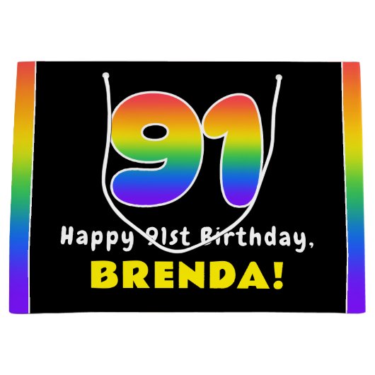 91ste verjaardag: kleurrijke regenboog # 91, Naam  Groot Cadeauzakje (Voorkant)