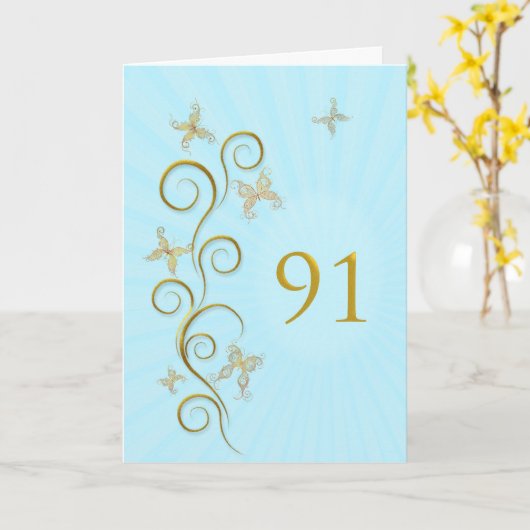 91ste Verjaardag met gouden vlinders Kaart (Gele Bloem)
