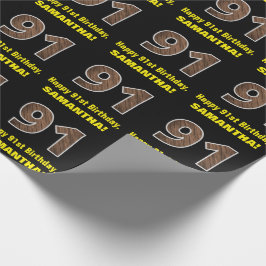 91ste verjaardag: naam en nep houtnerfpatroon "91" cadeaupapier