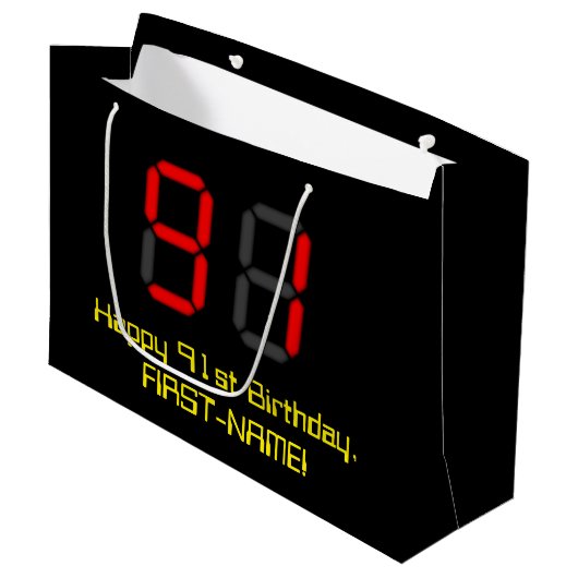 91ste verjaardag: Red Digital Clock Style "91" + n Groot Cadeauzakje (Voorkant Gekanteld)