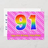 91ste verjaardag: Roze strepen & harten, Regenboog Briefkaart (Voorkant / Achterkant)