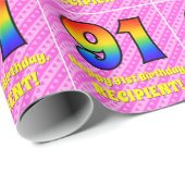 91ste verjaardag: roze strips & harten, regenboogn cadeaupapier (Rol Hoek)