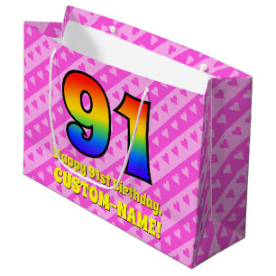91ste verjaardag: roze strips & harten, regenboogn groot cadeauzakje