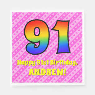 91ste verjaardag: roze strips & harten, regenboogn servet