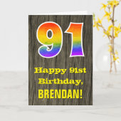 91ste verjaardag: Rustic Faux Wood Kijk, regenboog Kaart (Gele Bloem)