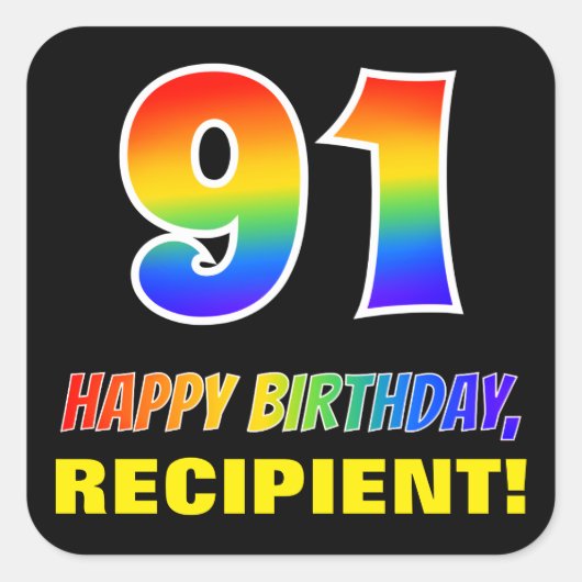 91ste verjaardag: Vet, Vun, Eenvoudig, Regenboog 9 Vierkante Sticker (Voorkant)