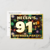 91ste verjaardag: Vette, kleurrijke Fireworks-look Folie Uitnodiging Briefkaart (Voorkant / Achterkant)