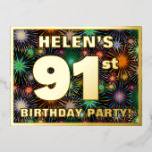 91ste verjaardag: Vette, kleurrijke Fireworks-look Folie Uitnodiging Briefkaart (Voorkant)