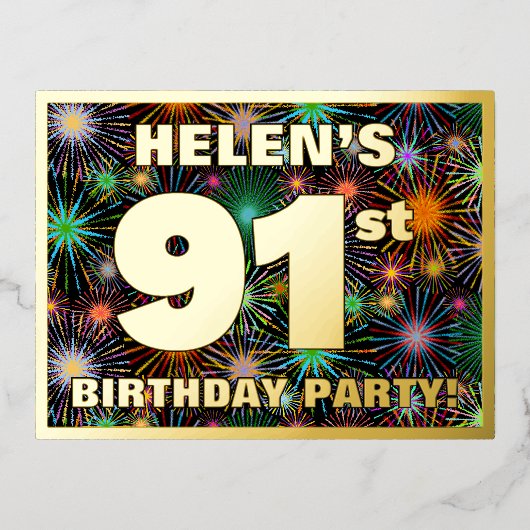 91ste verjaardag: Vette, kleurrijke Fireworks-look Folie Uitnodiging Briefkaart (Voorkant)