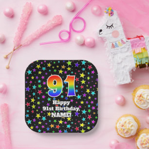 91ste verjaardag: vun stars patroon en regenboog " papieren bordje