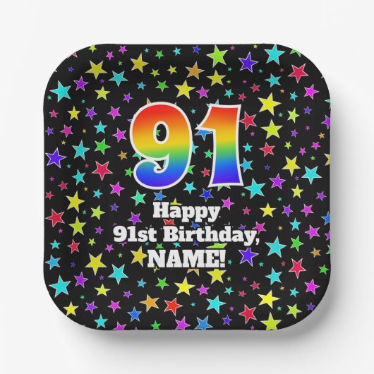 91ste verjaardag: vun stars patroon en regenboog " papieren bordje (Voorkant)