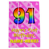 91ste verjaardag: vuurroze kunststaven; regenboog  medium cadeauzakje (Achterkant)