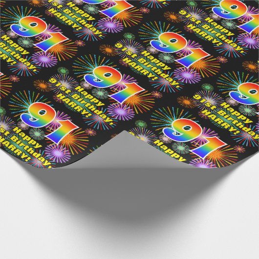 91ste verjaardag: vuurwerk, regenboogblik # "91" cadeaupapier (Hoek)