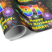 91ste verjaardag: vuurwerk, regenboogblik # "91" cadeaupapier (Rol Hoek)