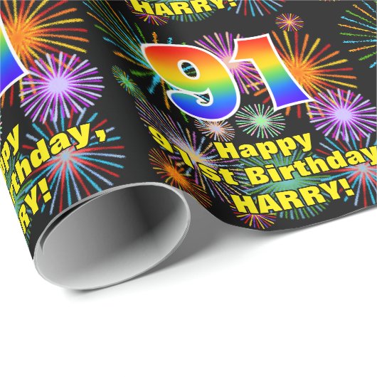 91ste verjaardag: vuurwerk, regenboogblik # "91" cadeaupapier (Rol Hoek)