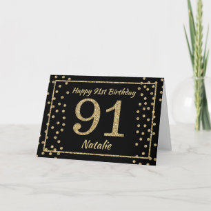 91ste verjaardag Zwart en Goud Glitter Confetti Ka Kaart