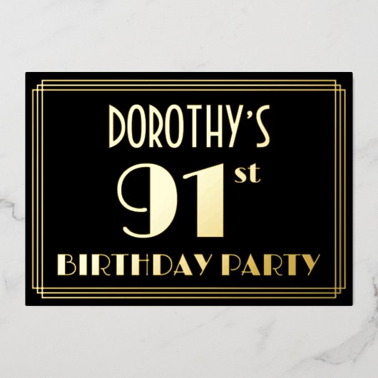 91ste verjaardagsfeest: Art Deco Look “91”, met na Folie Uitnodiging (Voorkant)